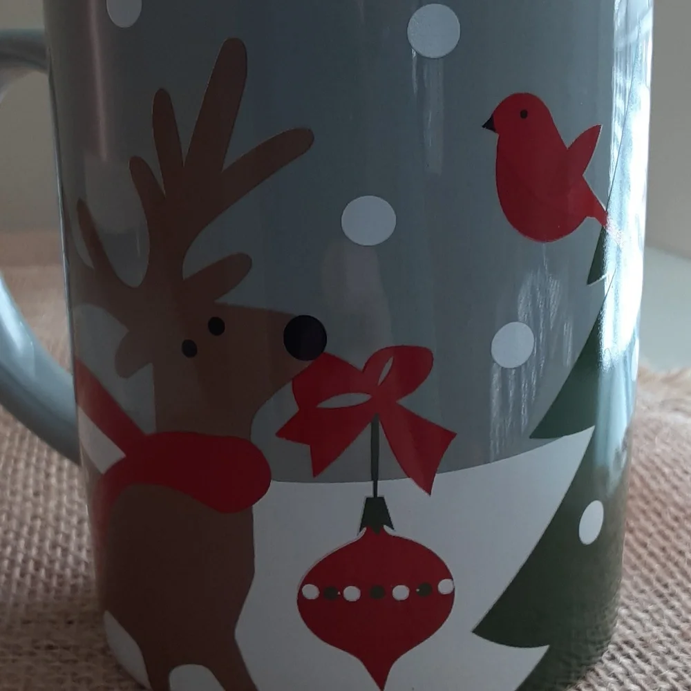 Crate & Barrel Winter Gift Fox Rabbit Snow Gray White Red 10 oz Ceramic